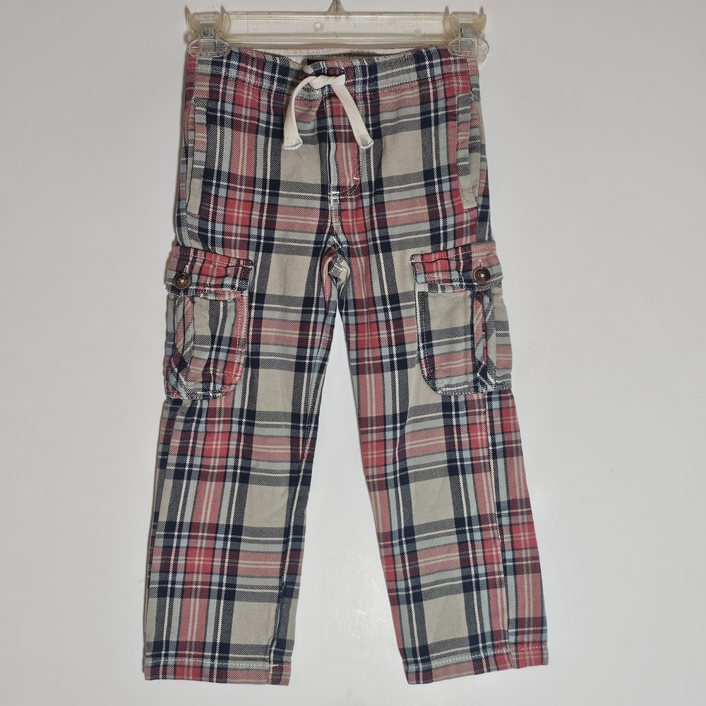 mini Boden Pants Boys 6y Red Plaid Cargo Pull On 100% Cotton Stretch Elastic Tie